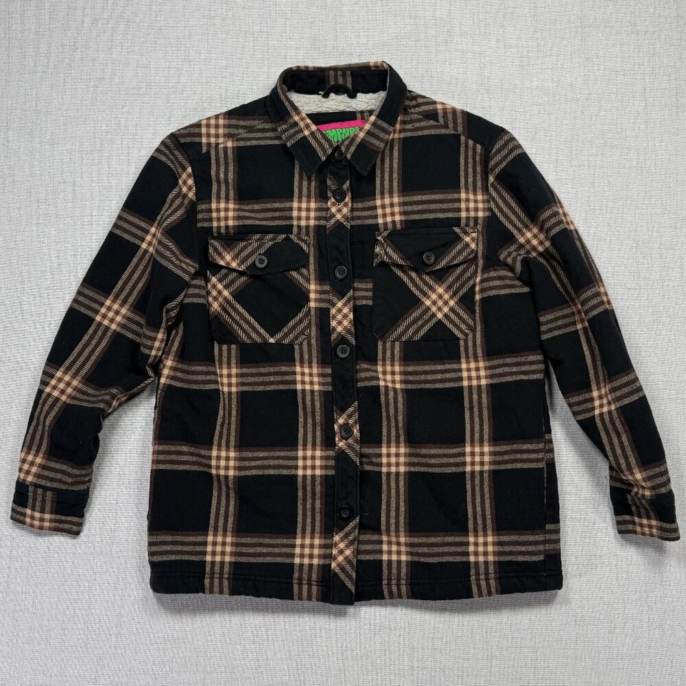 Empyre Plaid Sherpa Lined Shirt Jacket Brown Black Cotton Blend Shacket Size M